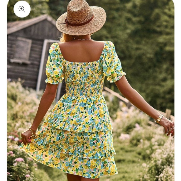 Kirundo Blue and Yellow Floral Print Smocked Puff Sleeve Off Shoulder Dress - Picture 14 of 14